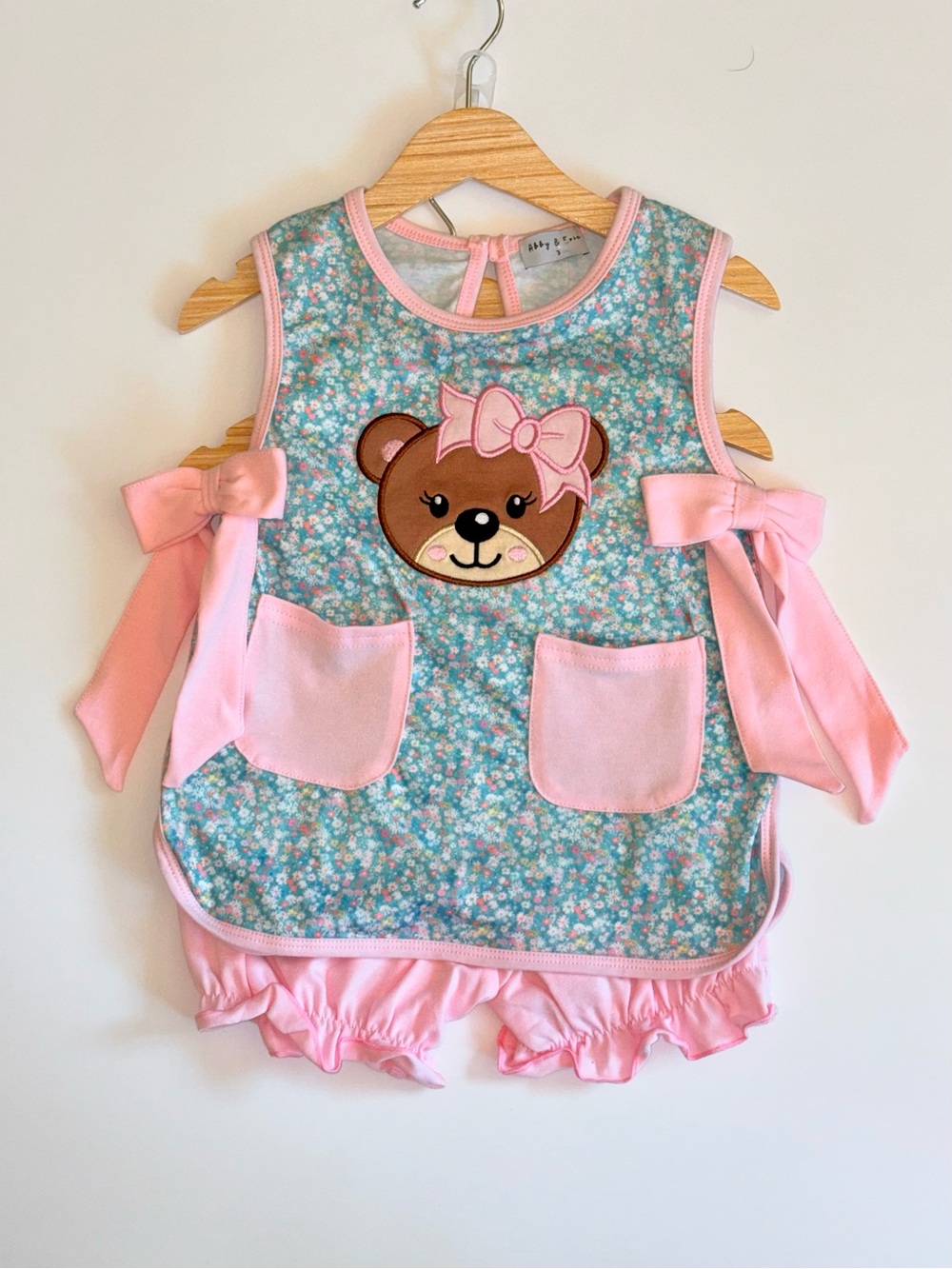 Abby & Evie Pink Floral Embroidered Bear 2pc W/ Matching Short with Ruffles